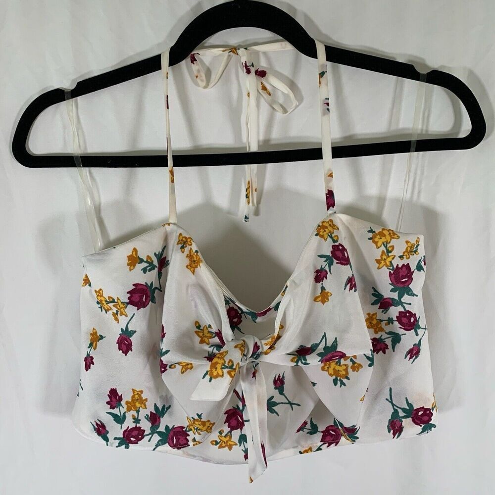 Leith Crop Top Women's Medium White Floral Tie Neck Stretchy Pullover